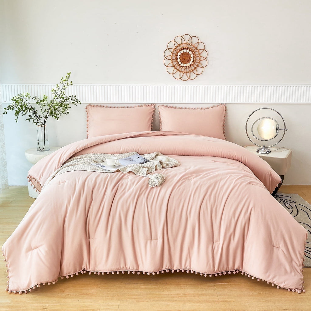 Rynghipy Pink Full Size Comforter Set Pom Fringe 3 P