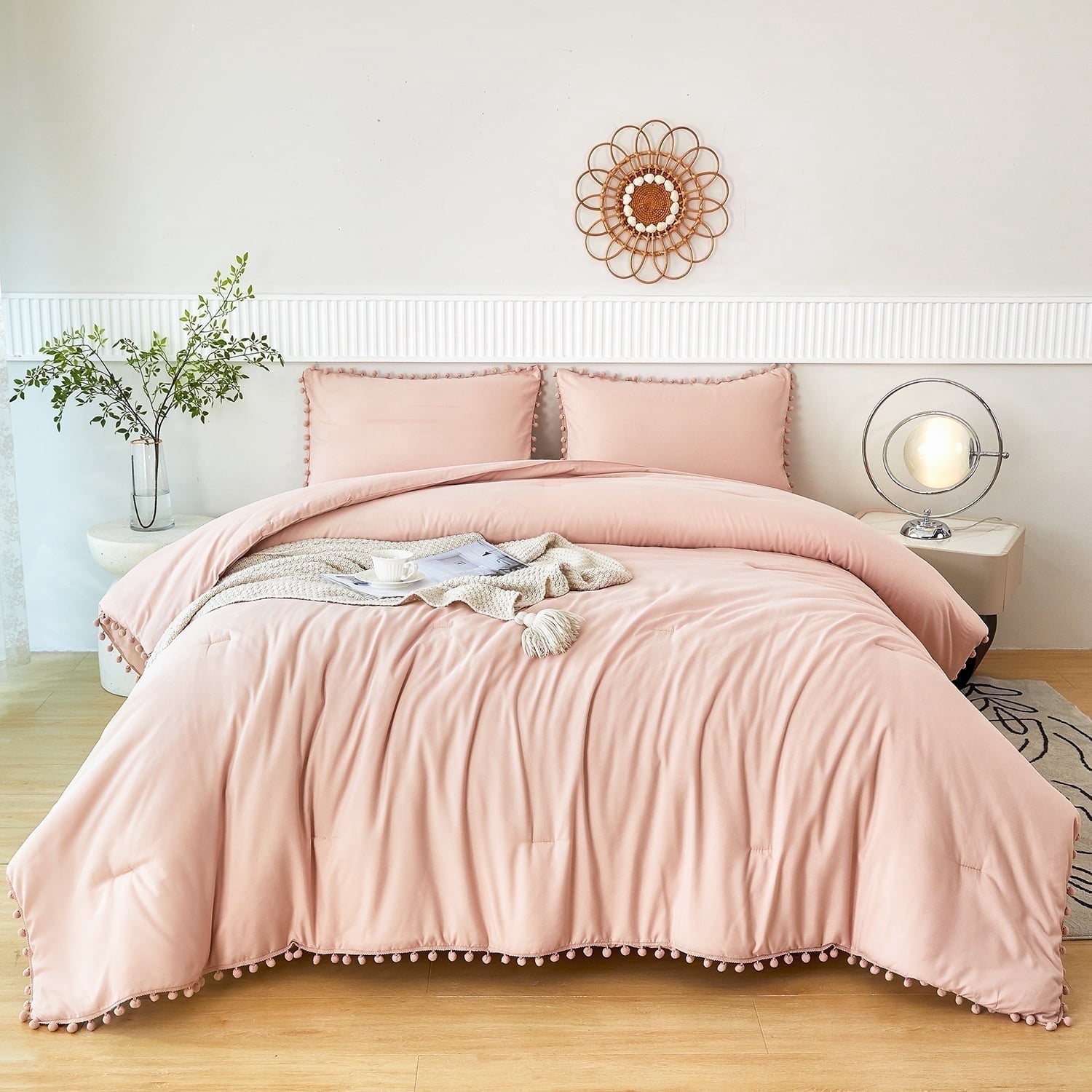 Rynghipy Pink Full Size Comforter Set Pom Fringe 3 P