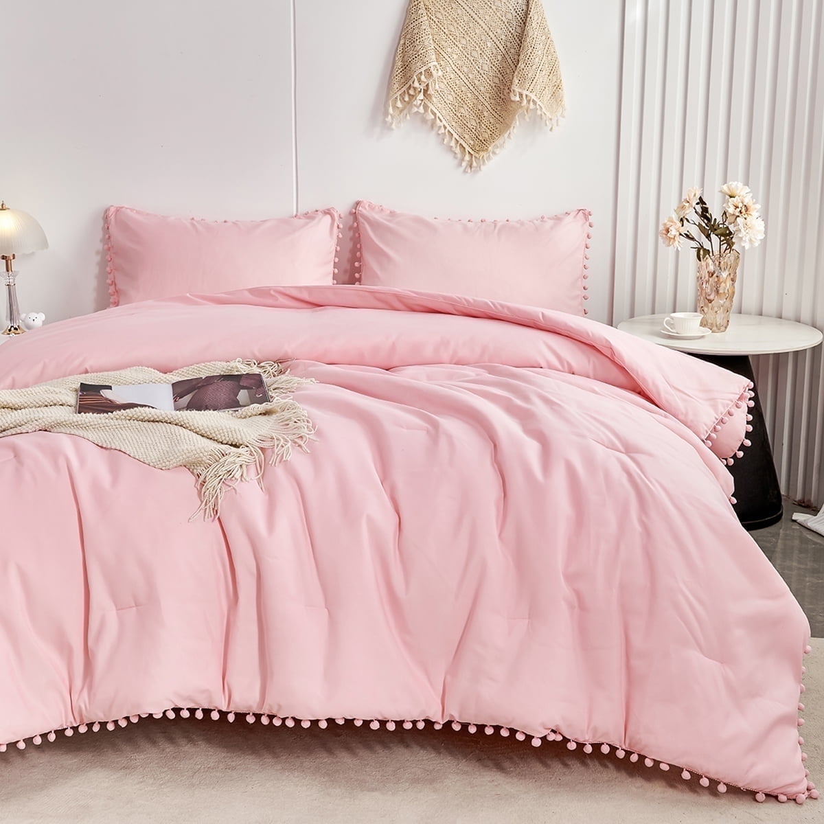 Rynghipy Pink Full Size Comforter Set Pom Fringe 3 P