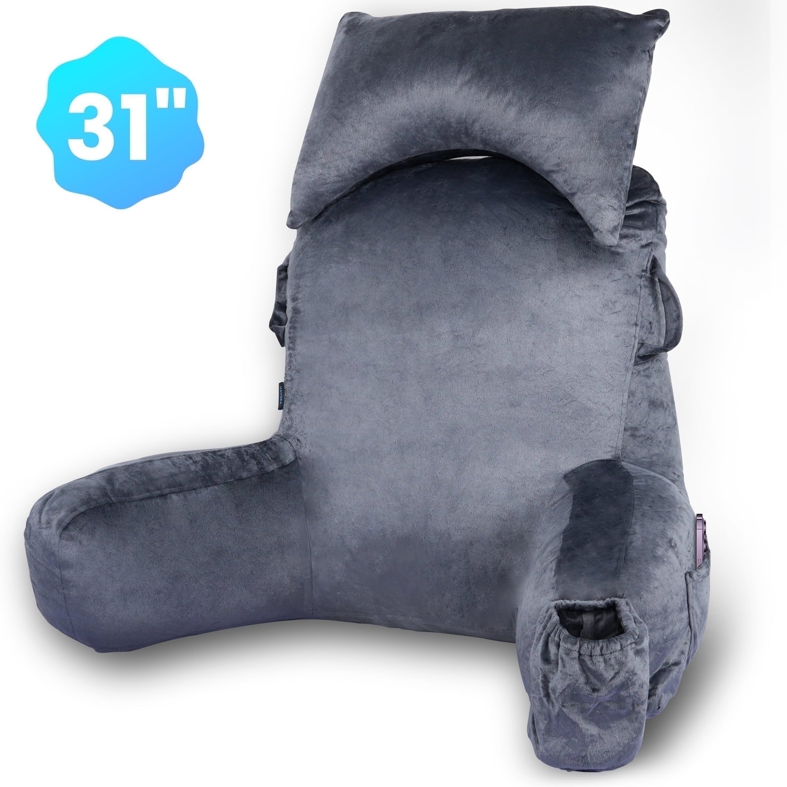 VAVSEA Reading Pillow, Extra Large 31" Backrest Pillow with Arms, Back Pillow with Detachable Neck Roll, 4 Pockets for Watching TV, Bed Rest, Reading, Gaming